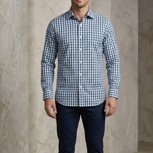 Collection Michael Strahan Men Gingham Dress Shirt Blue‎ White 17.5 34/35 Stretc